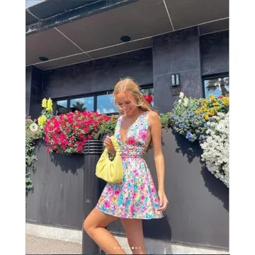 Women Y2k Print Knit Bodycon Dress Funky Halter Neck Sleeveless Strappy Cutout Backless E-Girl Club Party Slip Mini Dress Floral Pink