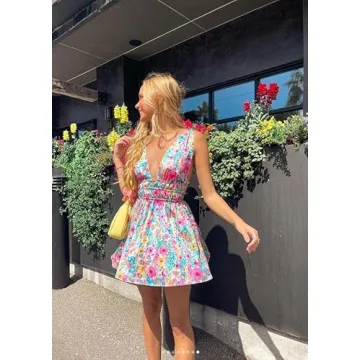 Women Y2k Print Knit Bodycon Dress Funky Halter Neck Sleeveless Strappy Cutout Backless E-Girl Club Party Slip Mini Dress Floral Pink