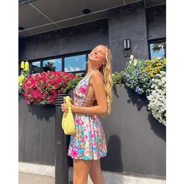 Women Y2k Print Knit Bodycon Dress Funky Halter Neck Sleeveless Strappy Cutout Backless E-Girl Club Party Slip Mini Dress Floral Pink