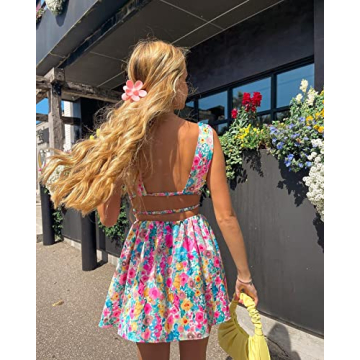 Women Y2k Print Knit Bodycon Dress Funky Halter Neck Sleeveless Strappy Cutout Backless E-Girl Club Party Slip Mini Dress Floral Pink