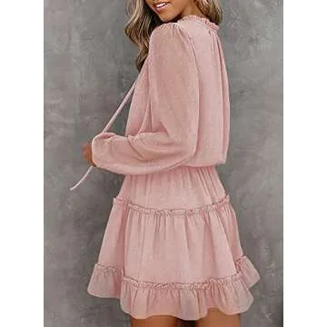 Happy Sailed Womens V Neck Long Sleeve Drawstring Ruffle Tiered Chiffon Swing Mini Dresses,Medium Pink