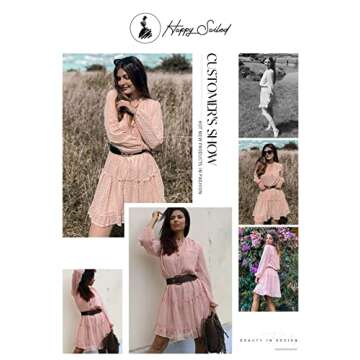 Happy Sailed Womens V Neck Long Sleeve Drawstring Ruffle Tiered Chiffon Swing Mini Dresses,Medium Pink