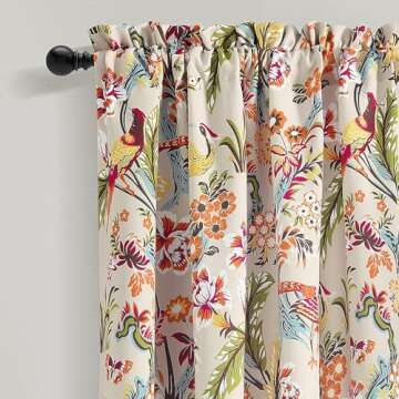 Lush Decor Dolores Light Filtering Window Panels, Pair, 52" W x 84" L, Neutral & Multi - Toile Curtains - Floral Bird Print - Grandmillennial & French Country Curtain - Cottage & Maximalist Home Decor