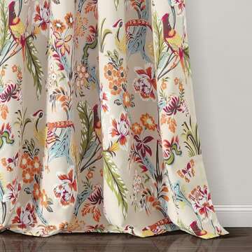 Lush Decor Dolores Light Filtering Window Panels, Pair, 52" W x 84" L, Neutral & Multi - Toile Curtains - Floral Bird Print - Grandmillennial & French Country Curtain - Cottage & Maximalist Home Decor