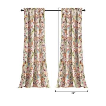 Lush Decor Dolores Light Filtering Window Panels, Pair, 52" W x 84" L, Neutral & Multi - Toile Curtains - Floral Bird Print - Grandmillennial & French Country Curtain - Cottage & Maximalist Home Decor