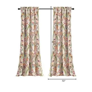 Lush Decor Dolores Light Filtering Window Panels, Pair, 52" W x 84" L, Neutral & Multi - Toile Curtains - Floral Bird Print - Grandmillennial & French Country Curtain - Cottage & Maximalist Home Decor
