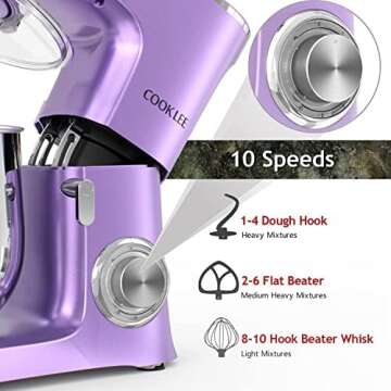 COOKLEE Stand Mixer, 9.5 Qt. 660W 10-Speed Electric Kitchen Mixer with Dishwasher-Safe Dough Hooks, ...