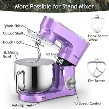 COOKLEE Stand Mixer, 9.5 Qt. 660W 10-Speed Electric Kitchen Mixer with Dishwasher-Safe Dough Hooks, Flat Beaters, Wire Whip & Pouring Shield Attachments for Most Home Cooks, Lavender