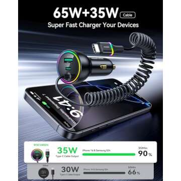 Rocoren 70W iPhone 16/15 Car Charger, USB C Car Charger PD&QC4.0 with 5.2Ft 35W Type C Coiled Cable,...