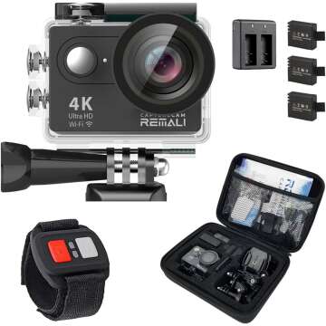 REMALI CaptureCam 4K Ultra HD and 12MP Waterproof Sports Action Camera Kit with Carrying Case, 3 Bat...