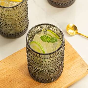 POLIDREAM 4pcs Gray 15.2oz Hobnail Glass Cups - Elegant & Textured Drinking Glasses for Beer, Cocktail, Soda, Juice - Sophisticated Monochrome Collection, Ideal for Home Bar