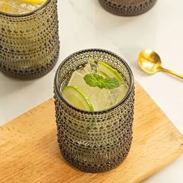 POLIDREAM 4pcs Gray 15.2oz Hobnail Glass Cups - Elegant & Textured Drinking Glasses for Beer, Cocktail, Soda, Juice - Sophisticated Monochrome Collection, Ideal for Home Bar