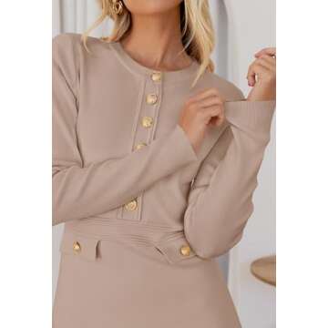 MEROKEETY Women's Long Sleeve Bodycon Sweater Dress Button Crew Neck Elegant Formal Mini Dresses, Khaki, Medium