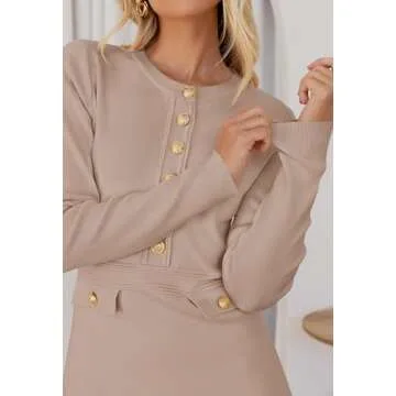 MEROKEETY Women's Long Sleeve Bodycon Sweater Dress Button Crew Neck Elegant Formal Mini Dresses, Khaki, Medium