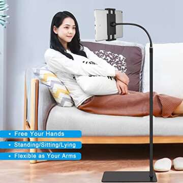 Tablet Floor Stand with Double Weight Base 360-degree Rotatable Metal Tablet Holder with Flexible Go...