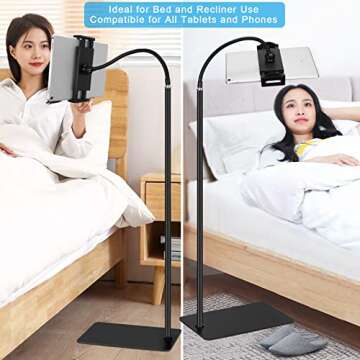 Tablet Floor Stand with Double Weight Base 360-degree Rotatable Metal Tablet Holder with Flexible Gooseneck Holder Long Arm for iPad Mini Air Pro, All Cell Phones iPhone & Tablets (4.5-12.9-inch)