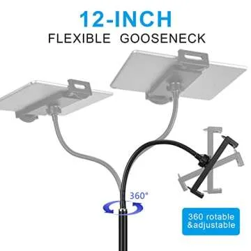 Tablet Floor Stand with Double Weight Base 360-degree Rotatable Metal Tablet Holder with Flexible Gooseneck Holder Long Arm for iPad Mini Air Pro, All Cell Phones iPhone & Tablets (4.5-12.9-inch)