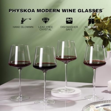 Physkoa 18oz Red Wine Glasses Set of 4-LeadFree Crystal Glass Wine Glasses with Tall Long Stem【Hand Blown Italian Style】 Stemmed Square Wine Glasses Gifts for Home Party