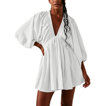 Tiko Miko Women's Sexy Long Sleeve V Neck Tunic Dress Casual Loose Flowy Mini Swing Shift Dresses(0499-White-S)