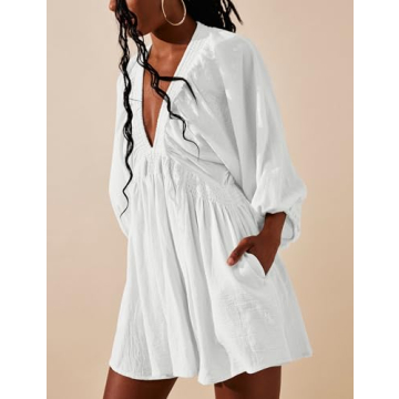Tiko Miko Women's Sexy Long Sleeve V Neck Tunic Dress Casual Loose Flowy Mini Swing Shift Dresses(0499-White-S)