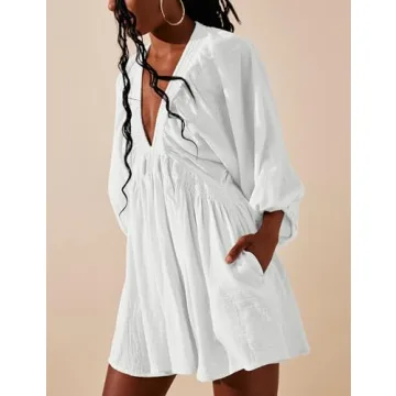 Tiko Miko Women's Sexy Long Sleeve V Neck Tunic Dress Casual Loose Flowy Mini Swing Shift Dresses(0499-White-S)