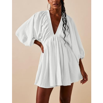 Tiko Miko Women's Sexy Long Sleeve V Neck Tunic Dress Casual Loose Flowy Mini Swing Shift Dresses(0499-White-S)