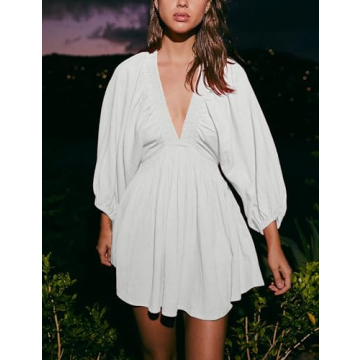 Tiko Miko Women's Sexy Long Sleeve V Neck Tunic Dress Casual Loose Flowy Mini Swing Shift Dresses(0499-White-S)