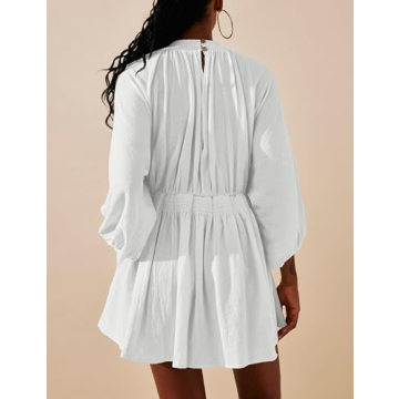 Tiko Miko Women's Sexy Long Sleeve V Neck Tunic Dress Casual Loose Flowy Mini Swing Shift Dresses(0499-White-S)
