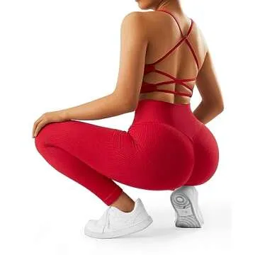 OMKAGI Women Ribbed Workout Sets Seamless Strappy Sport Bra Butt Lifting Leggings Outfits(M,04-Red)
