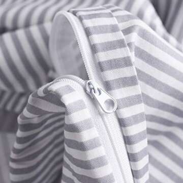 Wake In Cloud - Striped Cotton Duvet Cover Set, Ticking Stripe Pinstripe Farmhouse, 100% Cotton Bedding Set, 3 Pieces, Gray White, Queen Size