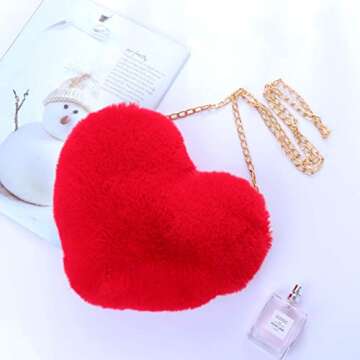 TENDYCOCO Heart Shaped Clutch Purse Faux Fur Shoulder Bag Crossbody Bag Fluffy Handbag