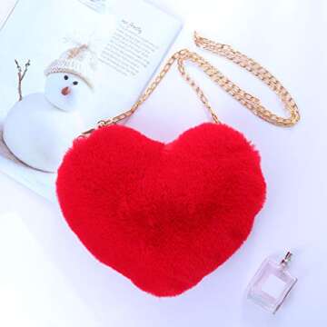 TENDYCOCO Heart Shaped Clutch Purse Faux Fur Shoulder Bag Crossbody Bag Fluffy Handbag