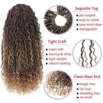 120 Strands Boho Goddess Locs Crochet Hair 22inch Omber Blonde River Faux Locs Crochet Hair Curly Faux Locs Wavy Crochet Hair with Curly Ends Boho Style Synthetic Hair Extensions (22" 5Packs 1B/27#)
