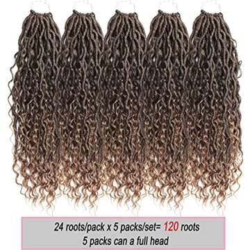 120 Strands Boho Goddess Locs Crochet Hair 22inch Omber Blonde River Faux Locs Crochet Hair Curly Faux Locs Wavy Crochet Hair with Curly Ends Boho Style Synthetic Hair Extensions (22" 5Packs 1B/27#)
