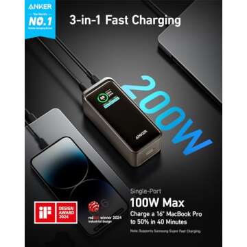 Anker Prime Power Bank, 20,000 mAh Portable Charger with 200W Output, Smart Digital Display, 2 USB-C...