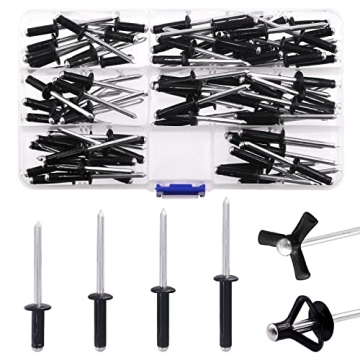 Keadic 80Pcs Blind Rivet Assortment Set, 4 Sizes Pop Rivets Black Tri-fold Exploding Pop Rivets (9/1...