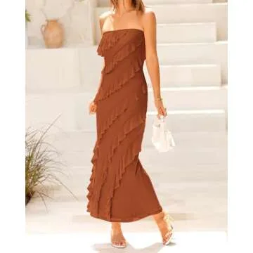 BTFBM Women Summer Dresses Formal Wedding Guest Dresses Elegant Cocktail Dresses Bodycon Party Club Dress(Solid Caramel,Medium)