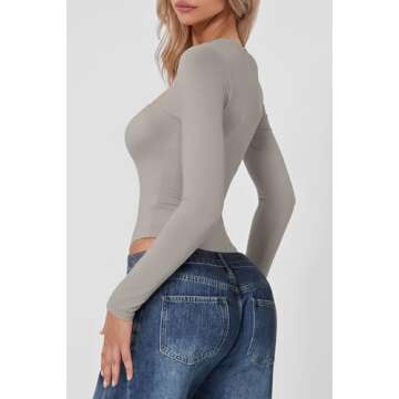 QINSEN Women's Sexy Square Neck Bodysuit Long Sleeve Double Shirt Tops Light Quiet Gray L