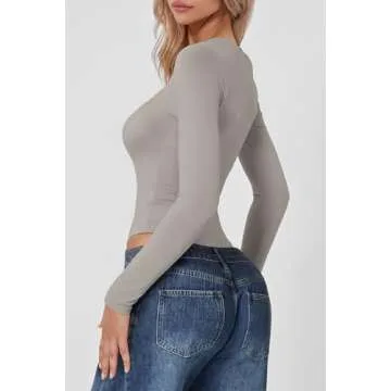 QINSEN Women's Sexy Square Neck Bodysuit - Long Sleeve Light Gray Top