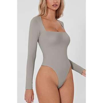 QINSEN Women's Sexy Square Neck Bodysuit Long Sleeve Double Shirt Tops Light Quiet Gray L