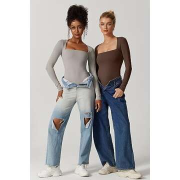 QINSEN Women's Sexy Square Neck Bodysuit Long Sleeve Double Shirt Tops Light Quiet Gray L