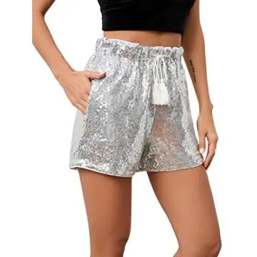 Women Summer Sequins Shorts High Waist Casual Loose A Line Hot Pants Sparkly Clubwear Night-Out Skorts (Silver,M,Medium)