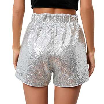 Women Summer Sequins Shorts High Waist Casual Loose A Line Hot Pants Sparkly Clubwear Night-Out Skorts (Silver,M,Medium)