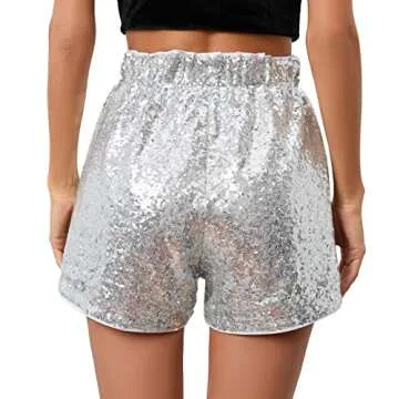Women Summer Sequins Shorts High Waist Casual Loose A Line Hot Pants Sparkly Clubwear Night-Out Skorts (Silver,M,Medium)