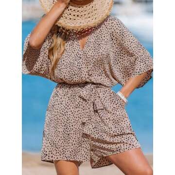 CUPSHE Womens Summer Romper V Neck Leopard Half Sleeve Casual Jumpsuit Dressy Vacation Outfit Mini J...