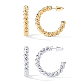 Exquisite PAVOI 14K Gold Plated Twisted Rope Hoop Earrings in Yellow & White Gold