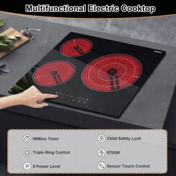 Karinear Electric Cooktop - 3 Burners with Safety Lock