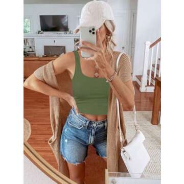 REORIA Women's Summer Sexy Basic Sleeveless Square Neck Fitted Seamless Yoga Cropped Tank Cute Crop Tops Olive Green Large