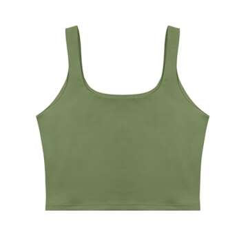 REORIA Women's Summer Sexy Basic Sleeveless Square Neck Fitted Seamless Yoga Cropped Tank Cute Crop Tops Olive Green Large
