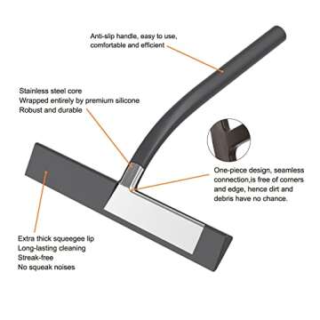 Anlynwooh Squeegee, Matte Black 9 inch, Streak Free Cleaning, Shower Squeegee for Glass Doors, Bathroom, Shower Doors, Mirrors, Tiles and Car Windows,Silicone Squeegees,Shower Cleaner with 2 Hooks.